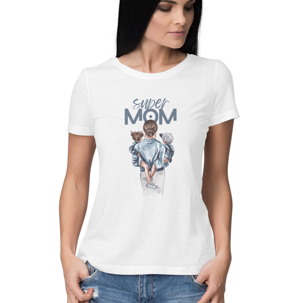 Women's Half Sleeve Round Neck T-Shirt - Super MOM - arkkart