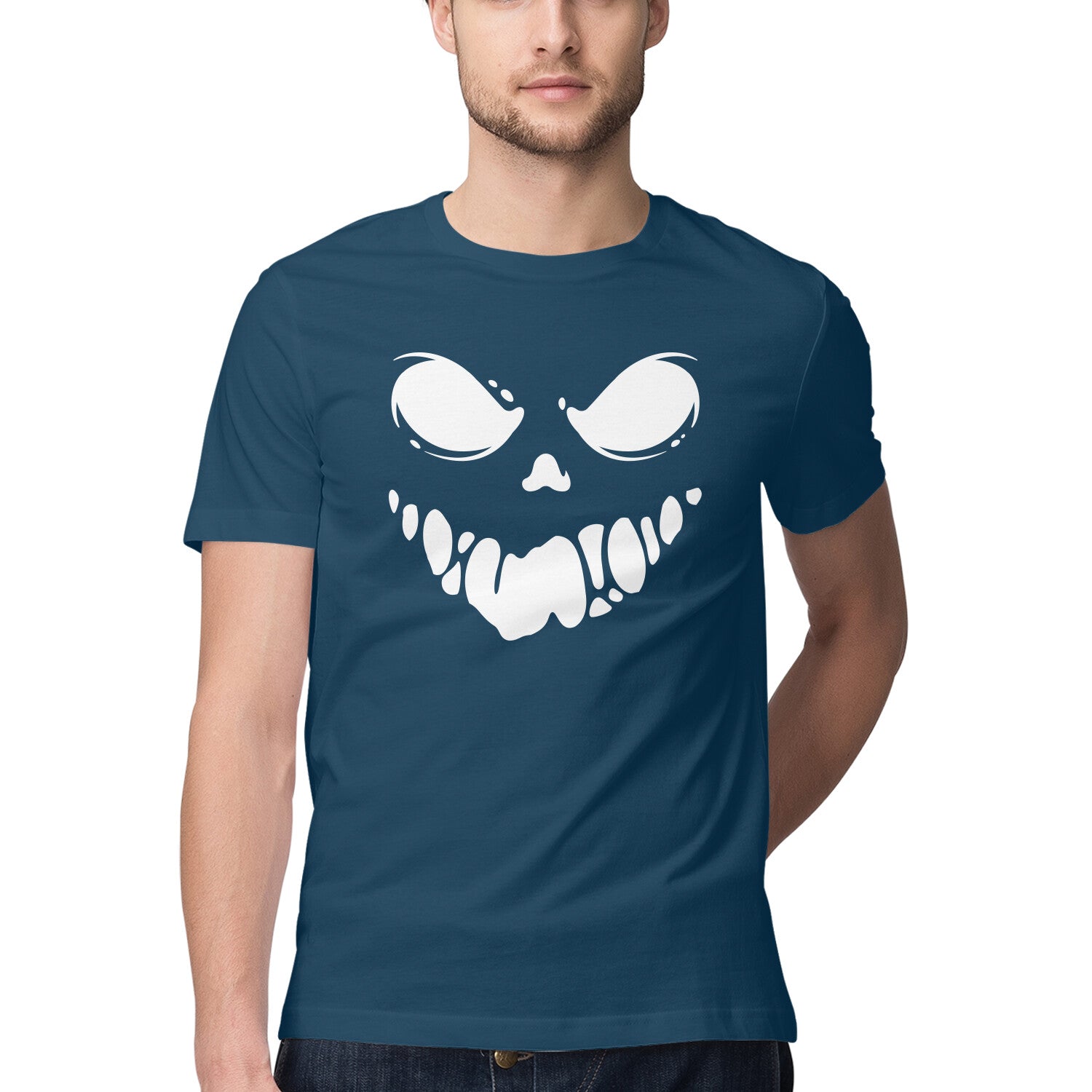 Black Spooky Scary Ghost Face Men's Half Sleeve Round Neck T-Shirt - arkkart