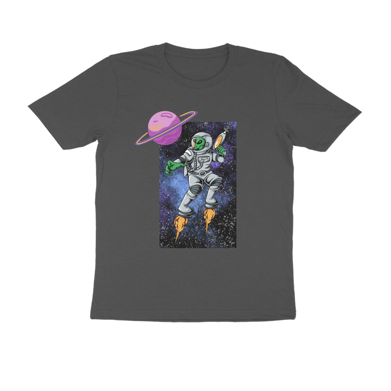 Black Purple Green Illustrated Space Alien Men's Half Sleeve Round Neck T-Shirt