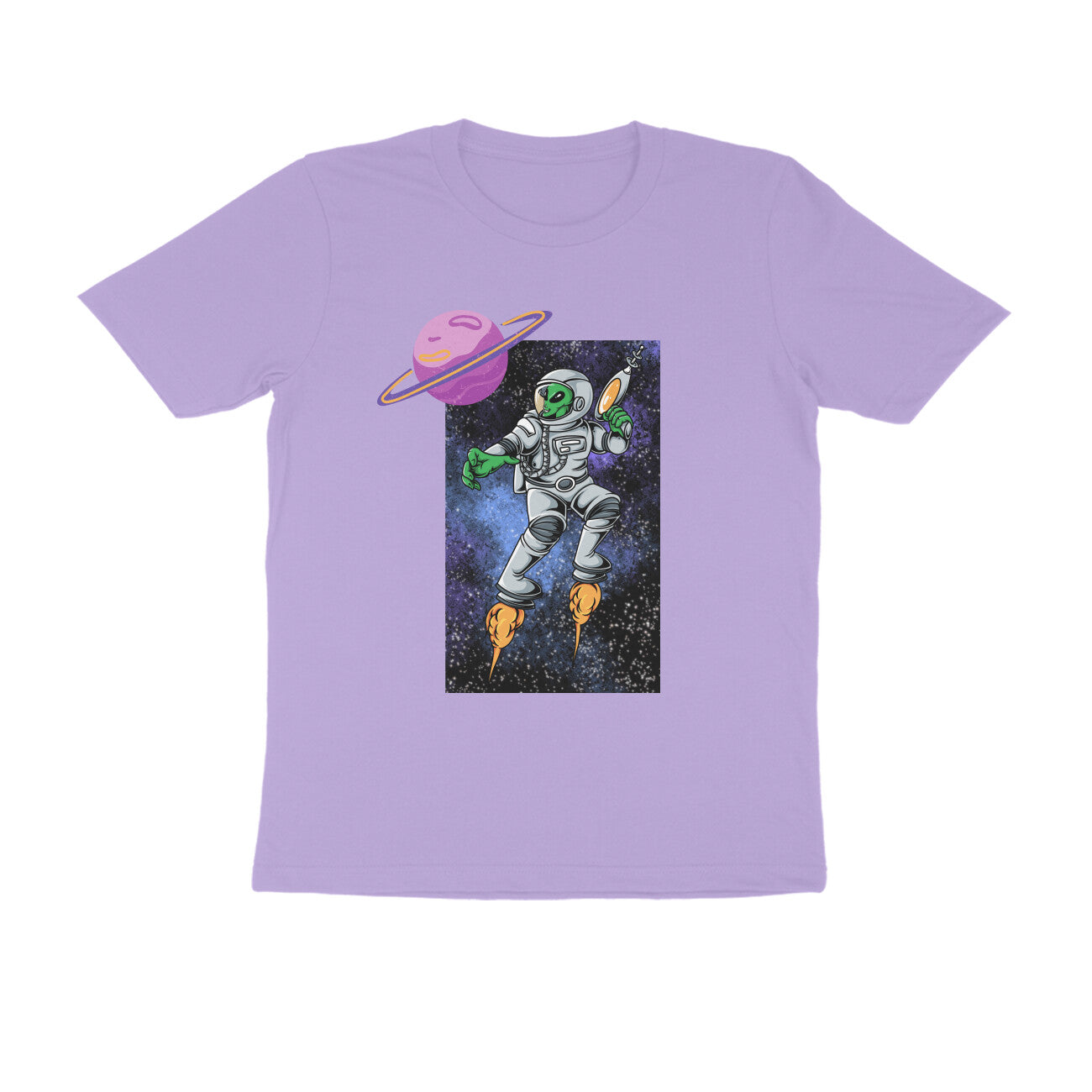 Black Purple Green Illustrated Space Alien Men's Half Sleeve Round Neck T-Shirt