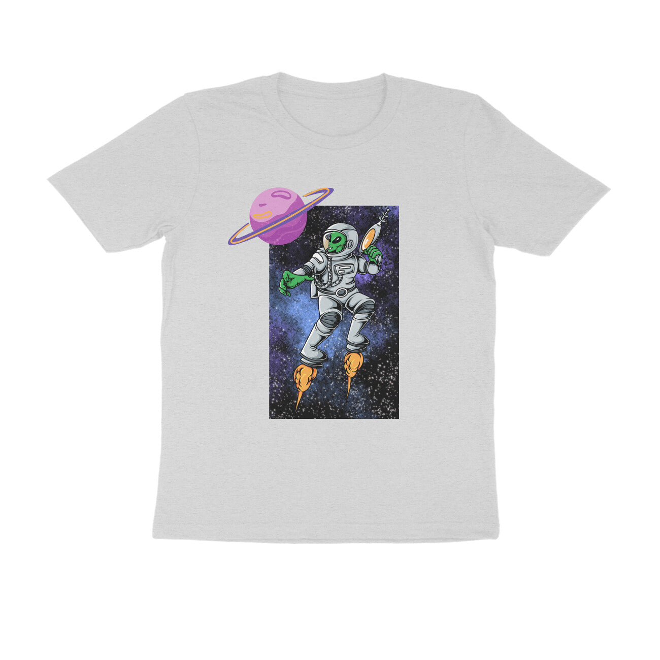 Black Purple Green Illustrated Space Alien Men's Half Sleeve Round Neck T-Shirt - arkkart