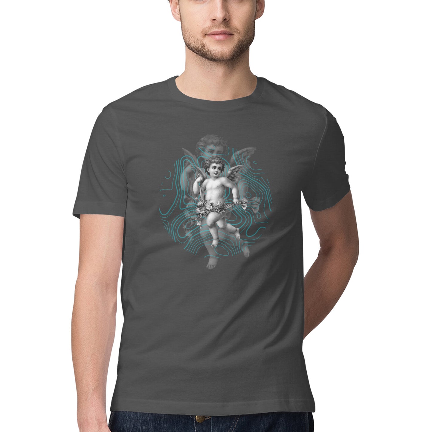 Black Teal Gothic Cupid Illustration Men's Half Sleeve Round Neck T-Shirt