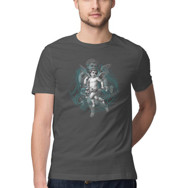 Black Teal Gothic Cupid Illustration Men's Half Sleeve Round Neck T-Shirt - arkkart