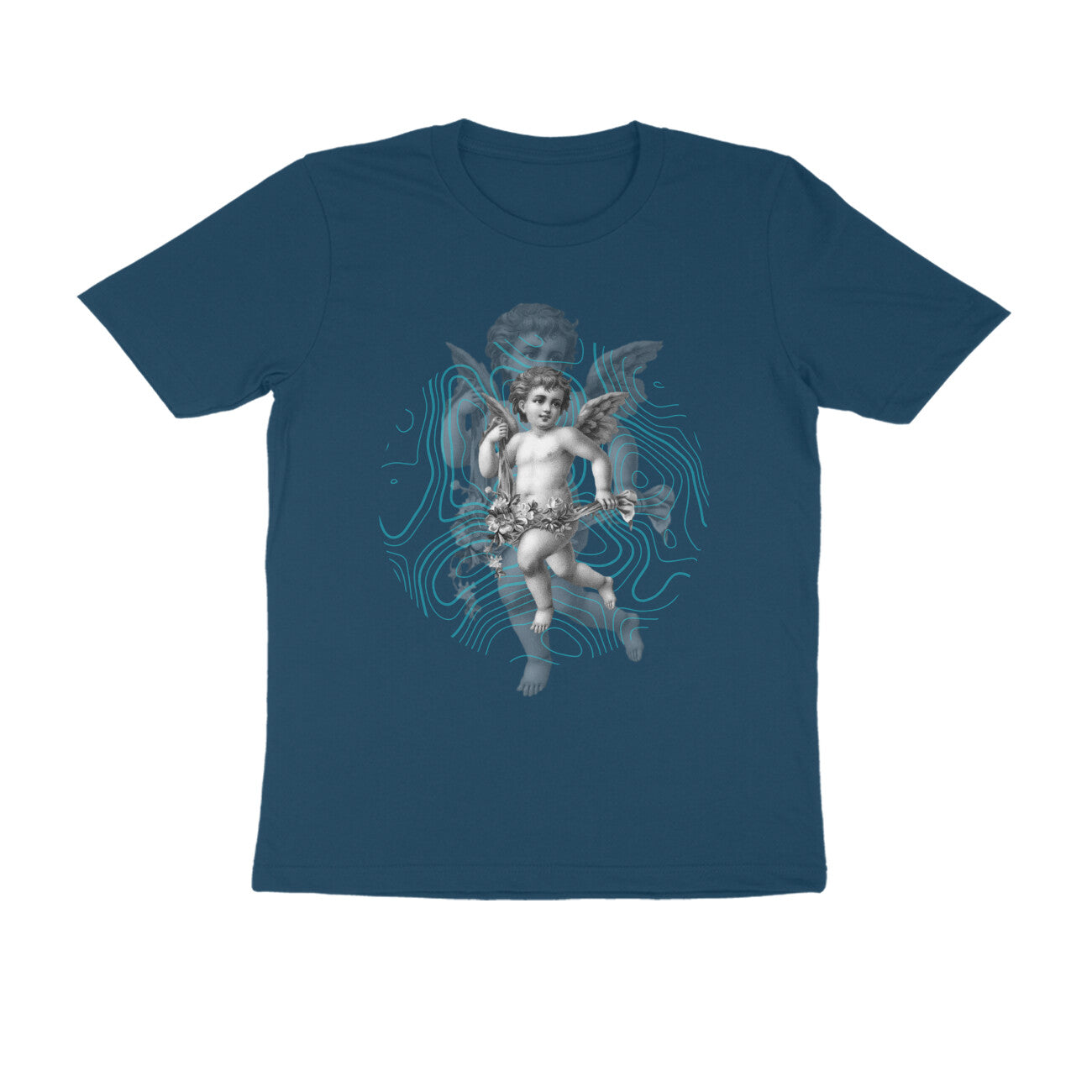 Black Teal Gothic Cupid Illustration Men's Half Sleeve Round Neck T-Shirt - arkkart