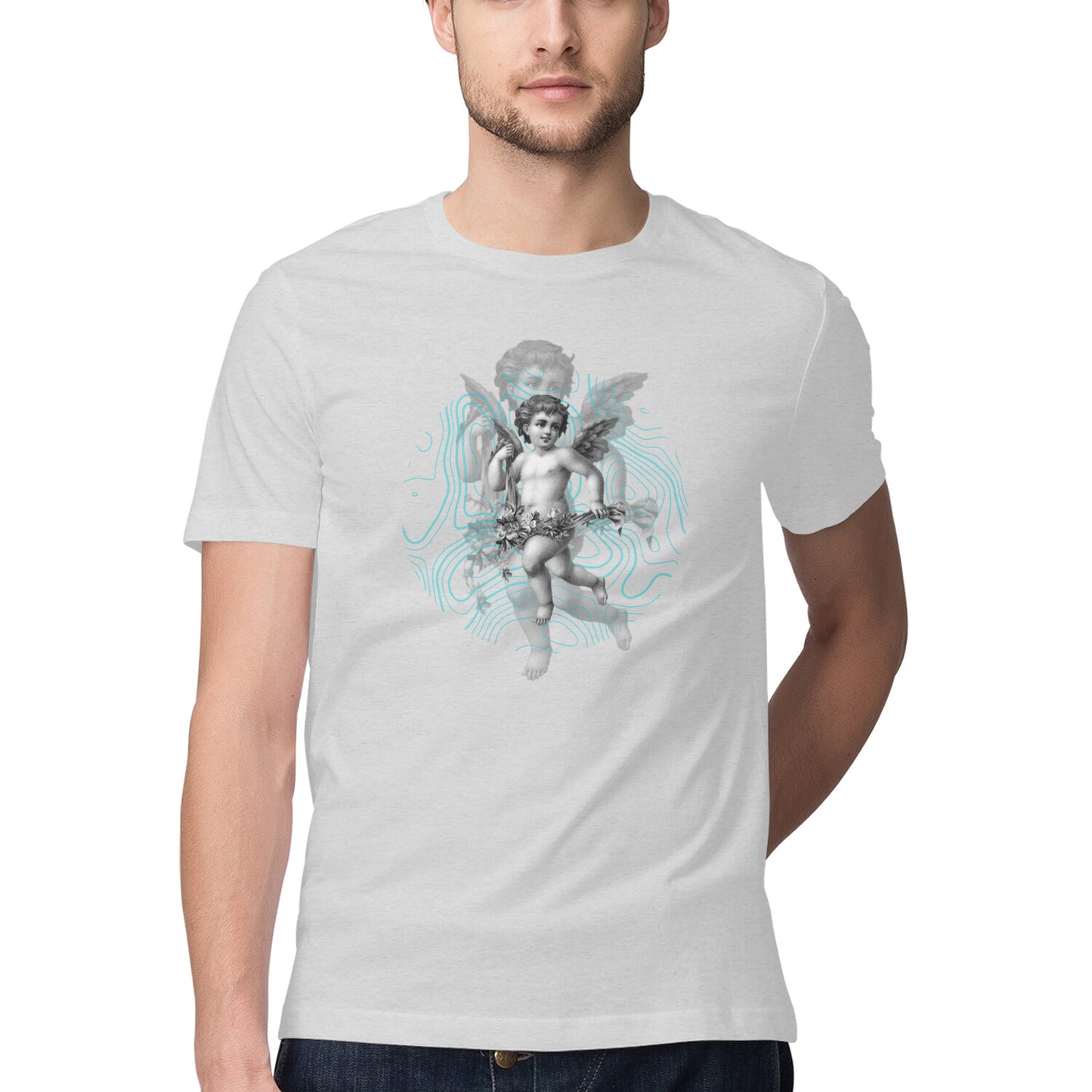 Black Teal Gothic Cupid Illustration Men's Half Sleeve Round Neck T-Shirt