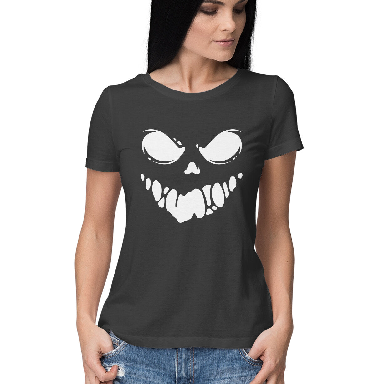 Black Spooky Scary Ghost Face Women's Half Sleeve Round Neck T-Shirt