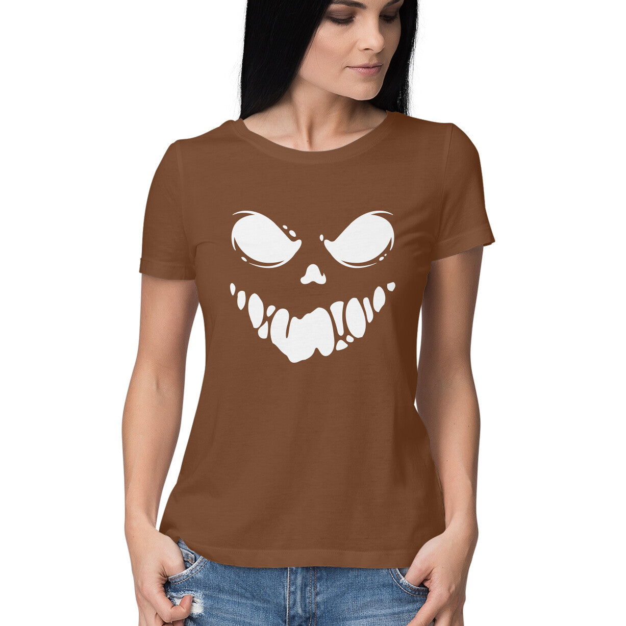 Black Spooky Scary Ghost Face Women's Half Sleeve Round Neck T-Shirt - arkkart