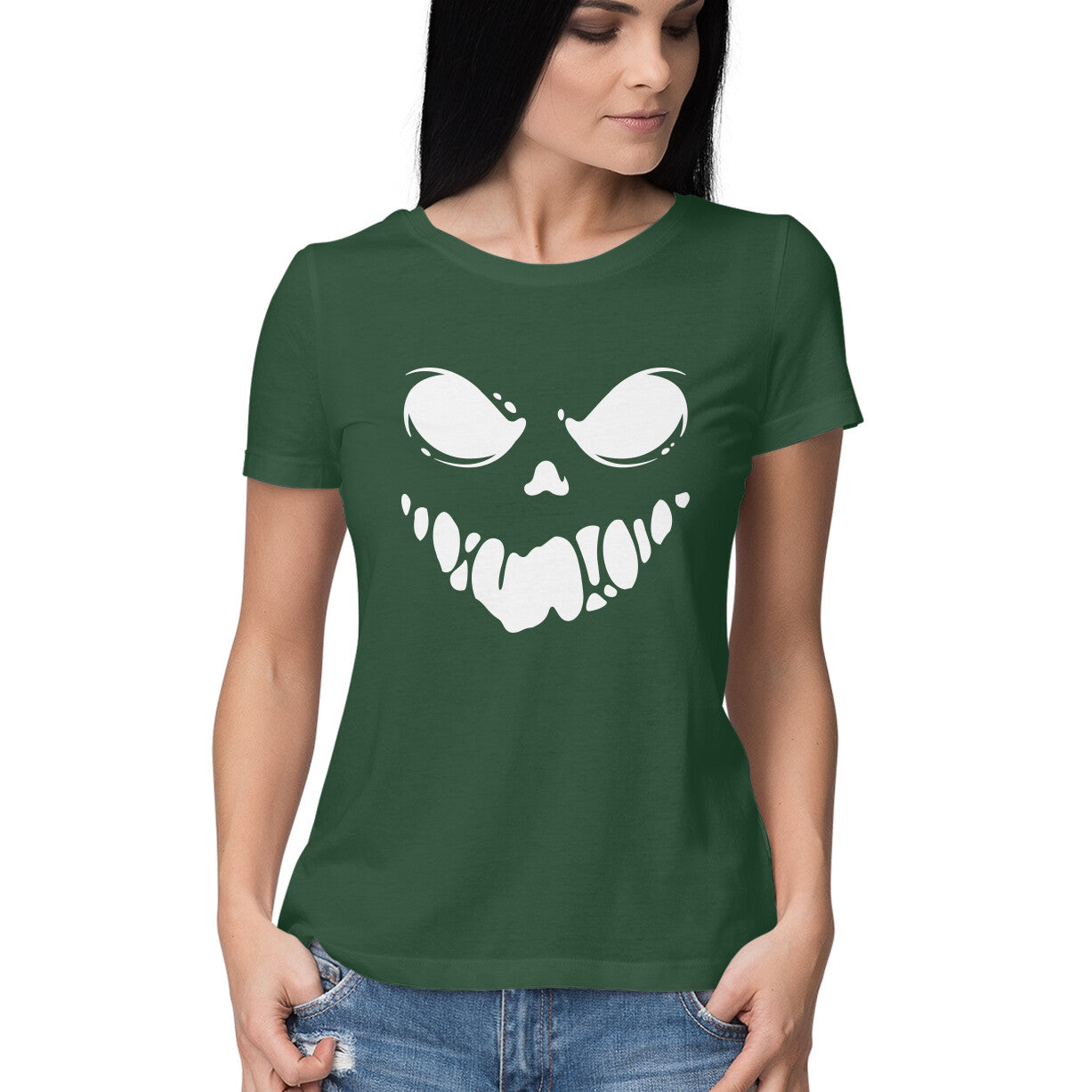 Black Spooky Scary Ghost Face Women's Half Sleeve Round Neck T-Shirt - arkkart