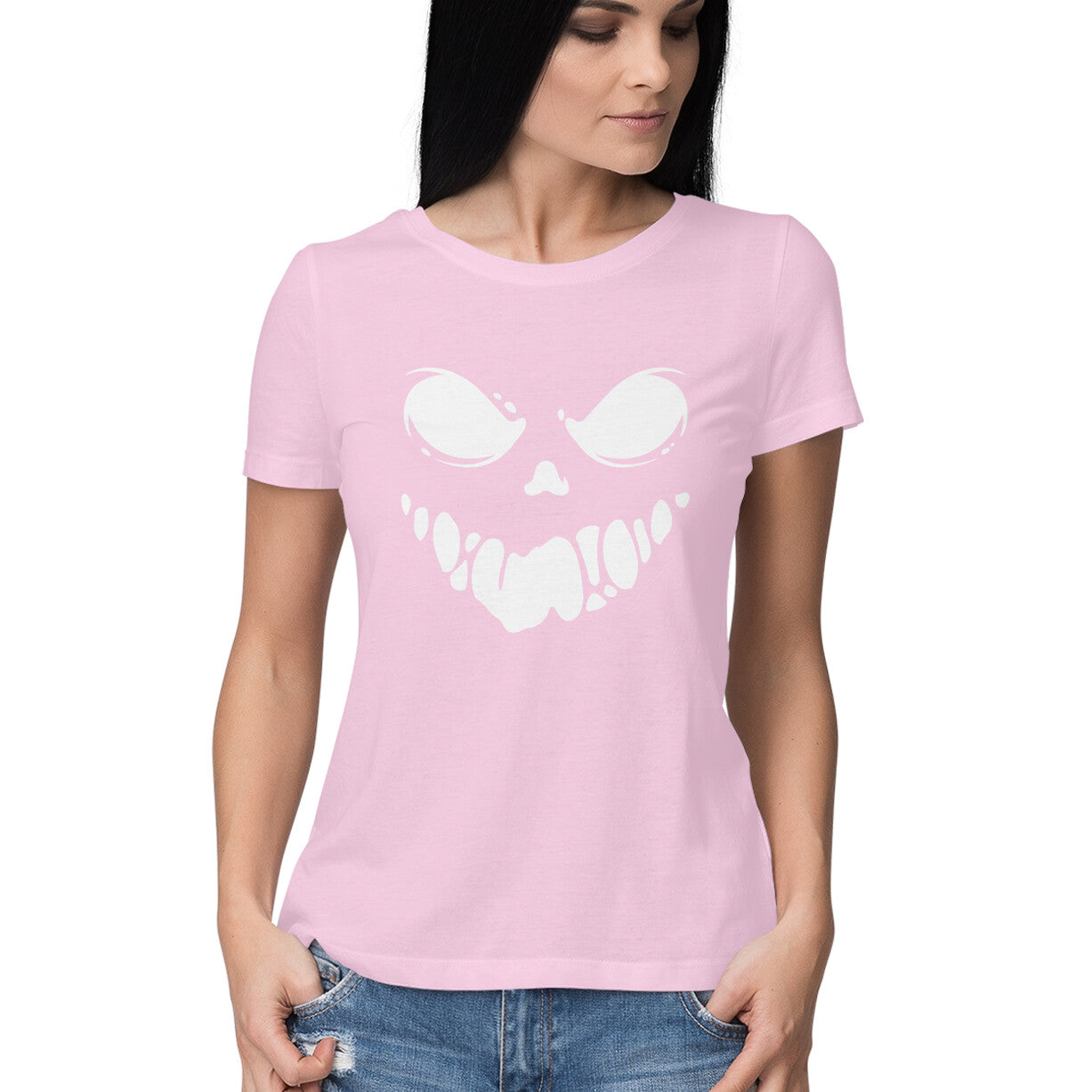 Black Spooky Scary Ghost Face Women's Half Sleeve Round Neck T-Shirt